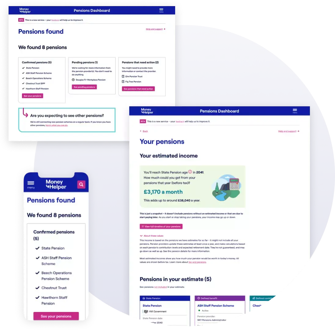 Images of a mobile phone and multiple desktop views of the pensions dashboard